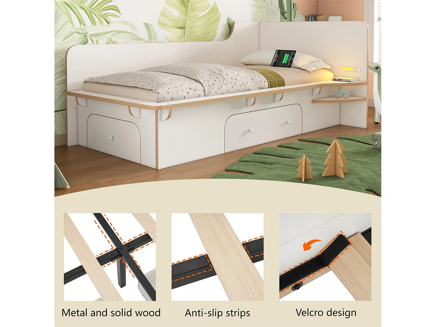 Cama de criança em madeira 90×200cm - com luz de leitura, portas de carregamento e 3 gavetas - Branco