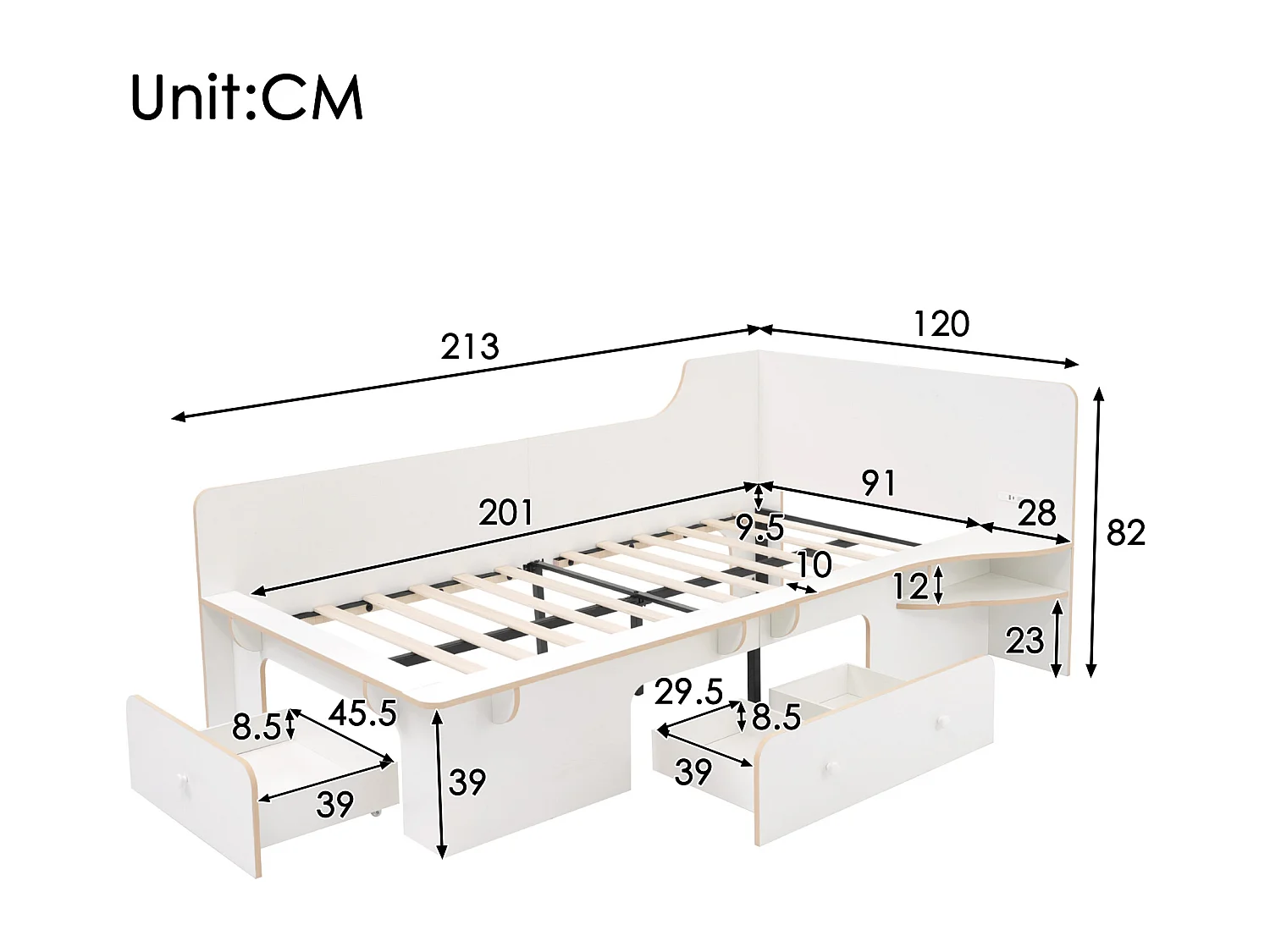 Cama de criança em madeira 90×200cm - com luz de leitura, portas de carregamento e 3 gavetas - Branco