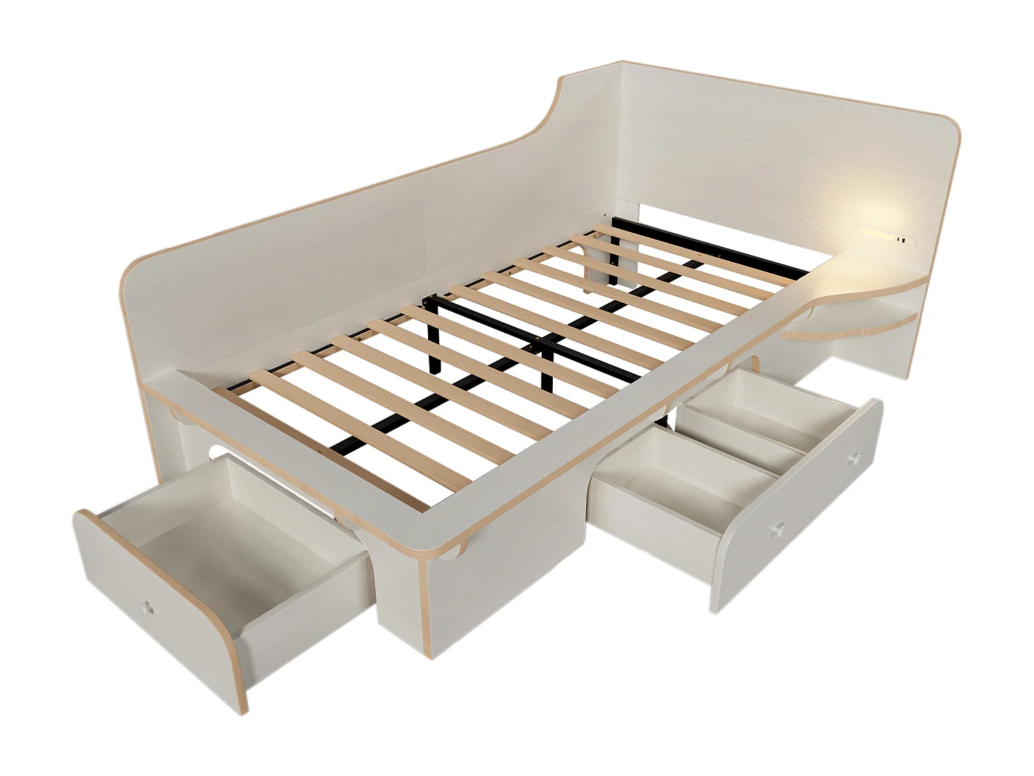 Cama de criança em madeira 90×200cm - com luz de leitura, portas de carregamento e 3 gavetas - Branco