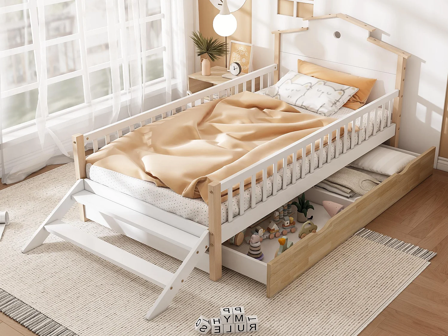 Cama de criança em madeira 90x200cm - com barreiras de segurança e gavetas - Branco e Natural