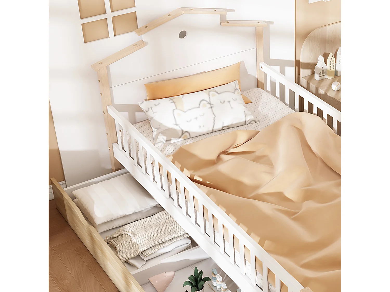 Cama de criança em madeira 90x200cm - com barreiras de segurança e gavetas - Branco e Natural