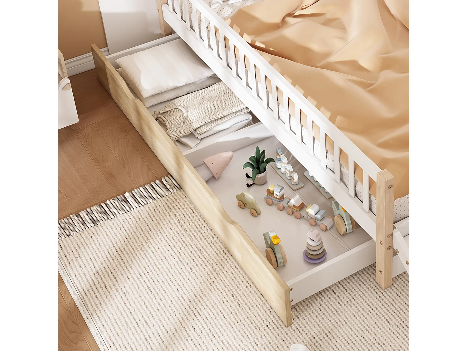 Cama de criança em madeira 90x200cm - com barreiras de segurança e gavetas - Branco e Natural