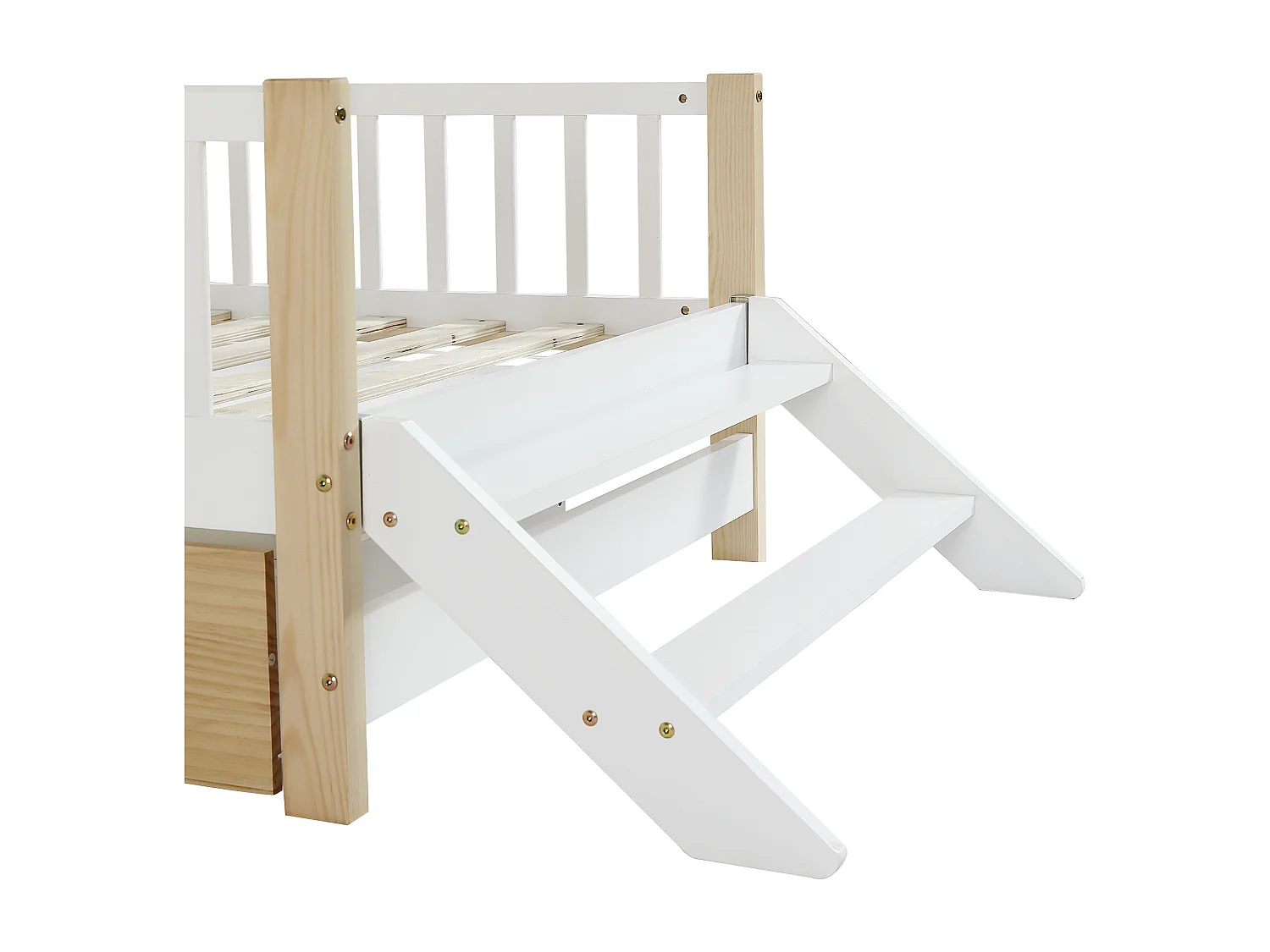 Cama de criança em madeira 90x200cm - com barreiras de segurança e gavetas - Branco e Natural