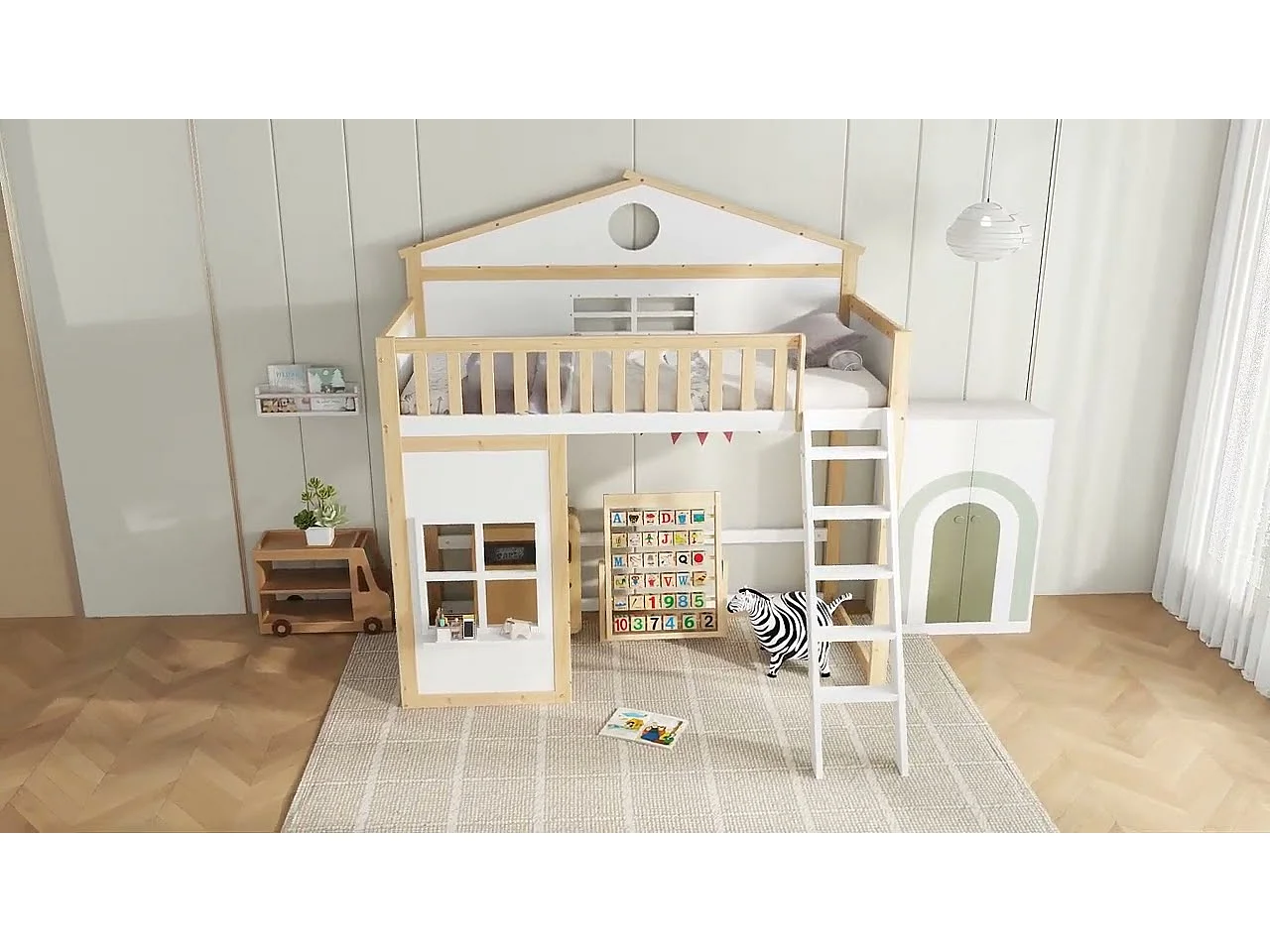 Lit superposé 90x200cm en bois - avec escaliert brrières de sécurité - Blanc & Naturel