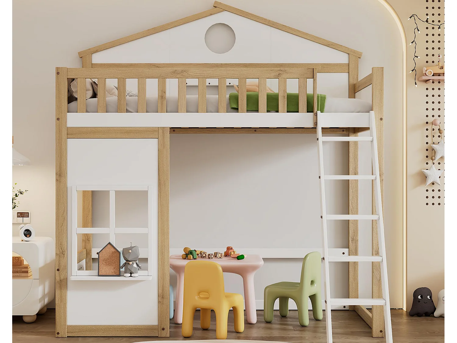 Letto a castello in legno 90x200 cm - con scale e barriere di sicurezza - Bianco e naturale