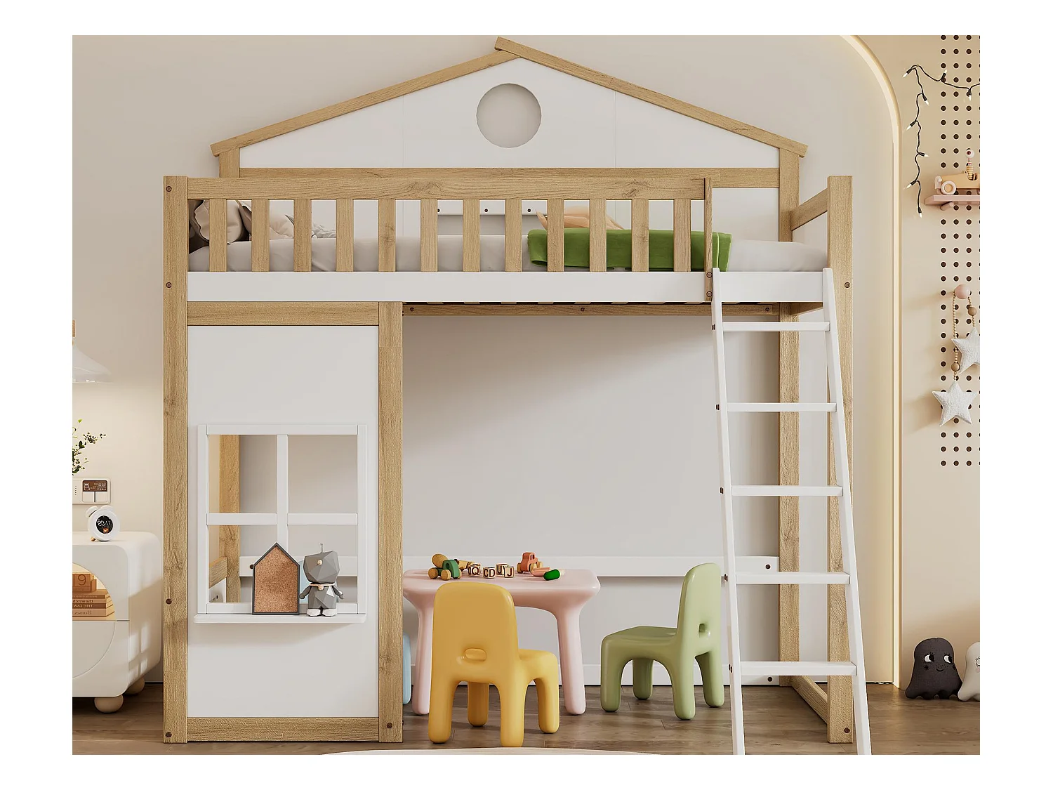 Lit superposé 90x200cm en bois - avec escaliert brrières de sécurité - Blanc & Naturel