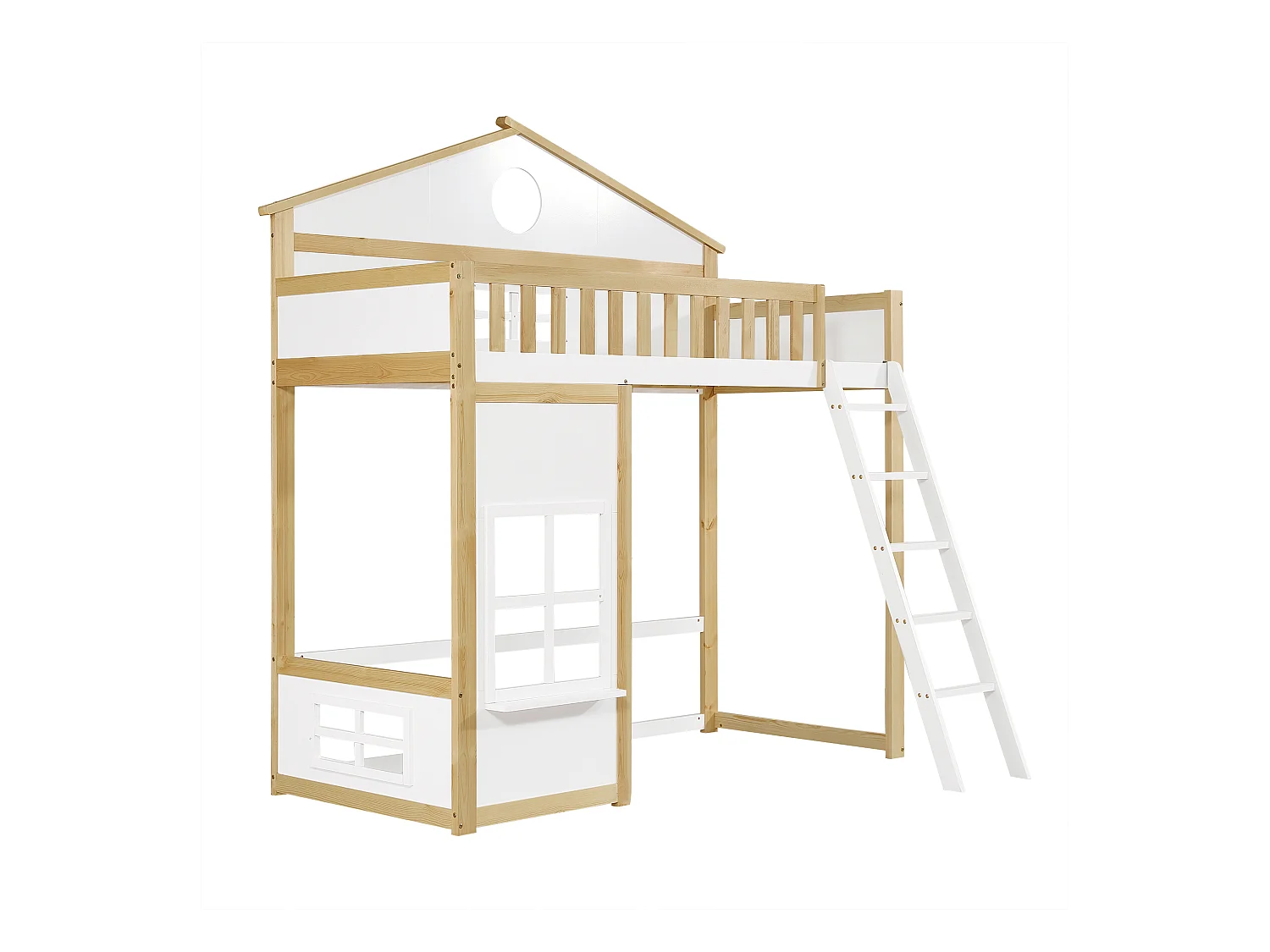 Lit superposé 90x200cm en bois - avec escaliert brrières de sécurité - Blanc & Naturel