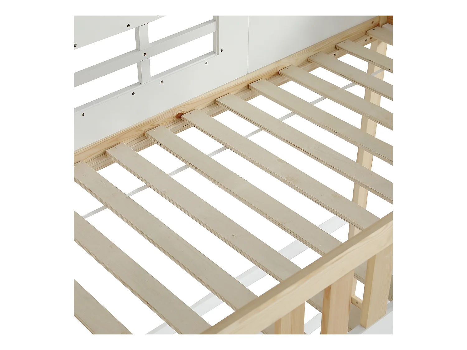 Lit superposé 90x200cm en bois - avec escaliert brrières de sécurité - Blanc & Naturel