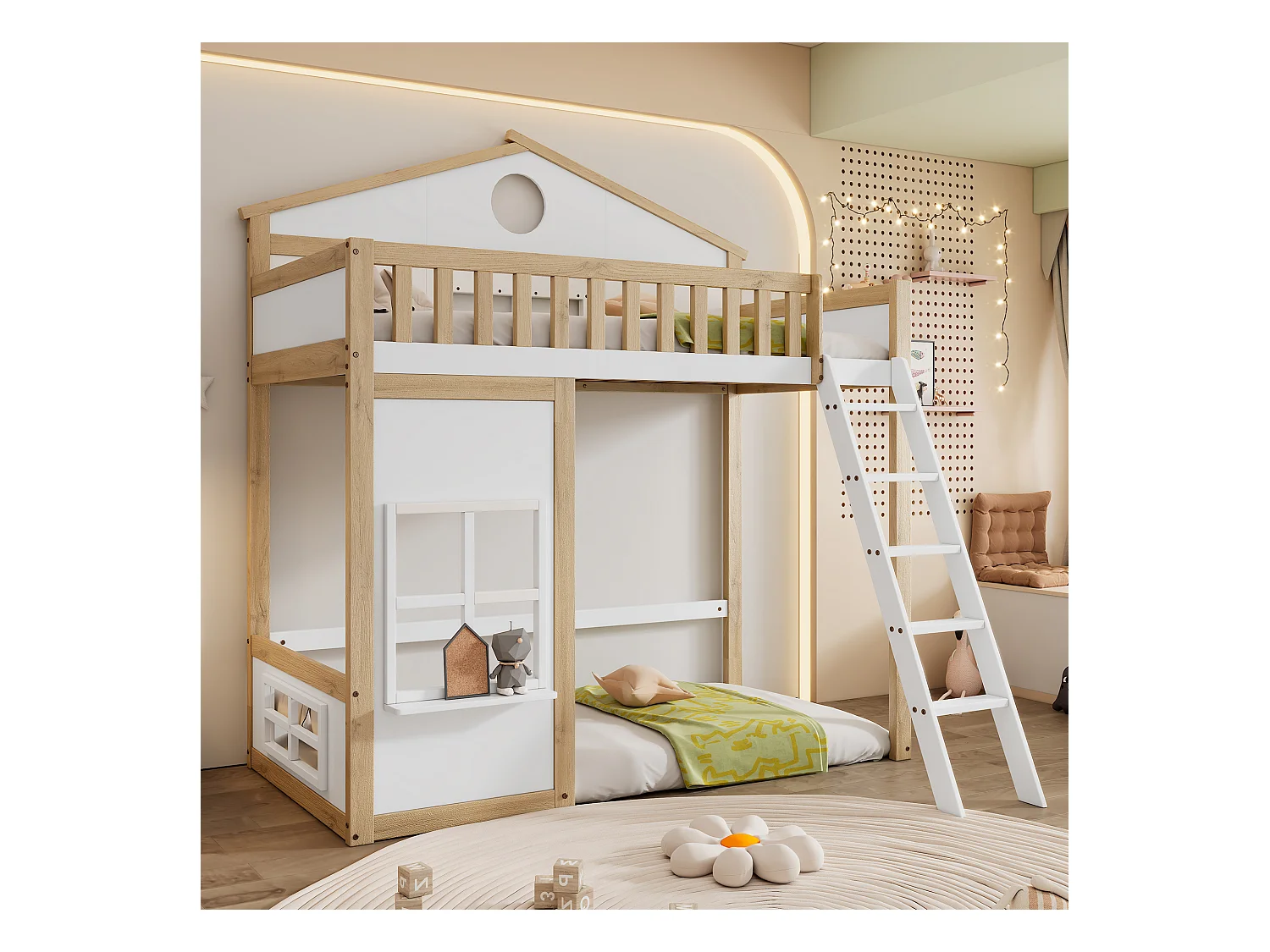 Lit superposé 90x200cm en bois - avec escaliert brrières de sécurité - Blanc & Naturel