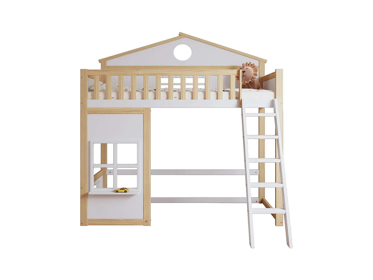 Lit superposé 90x200cm en bois - avec escaliert brrières de sécurité - Blanc & Naturel