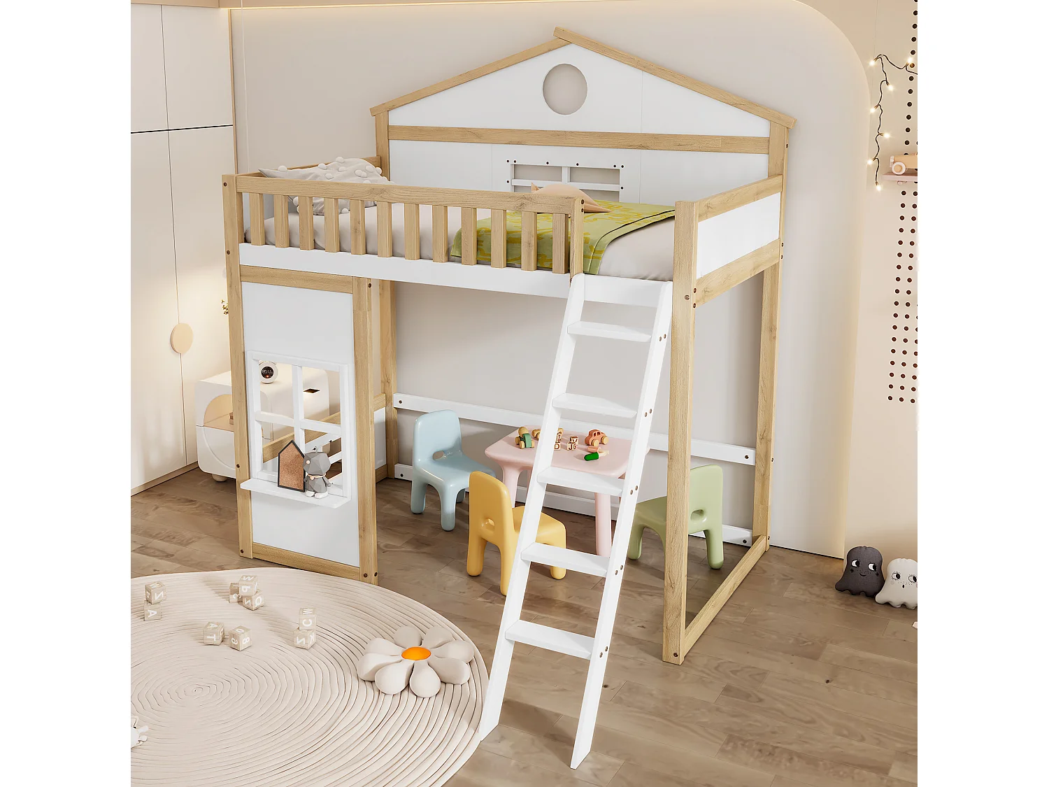 Houten stapelbed 90x200cm - met trap en veiligheidsbarrières - Wit & Naturel