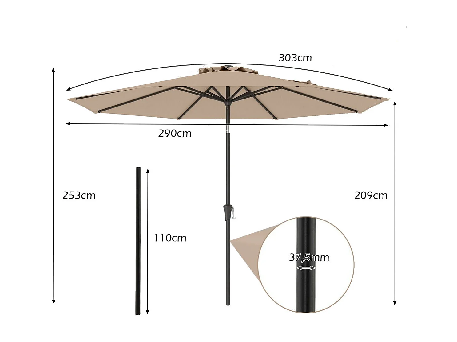 Garten Sonnenschirm Ampelschirm mit Kurbel 3 m-Braun