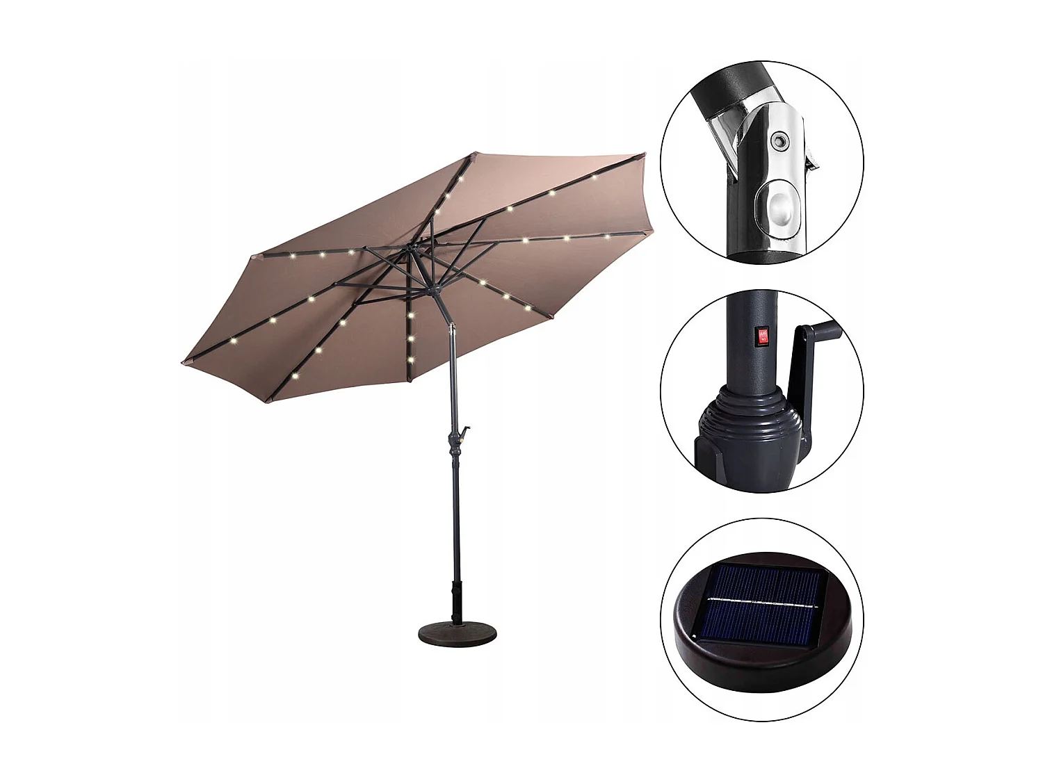 LED Beleuchtung Ampelschirm rund Sonnenschirm Solarbetrieben Gartenschirm Kurbel-braun-? 3M