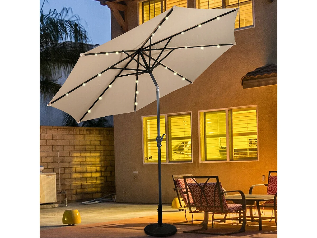 LED Beleuchtung Ampelschirm rund Sonnenschirm Solarbetrieben Gartenschirm Kurbel-beige-? 3M