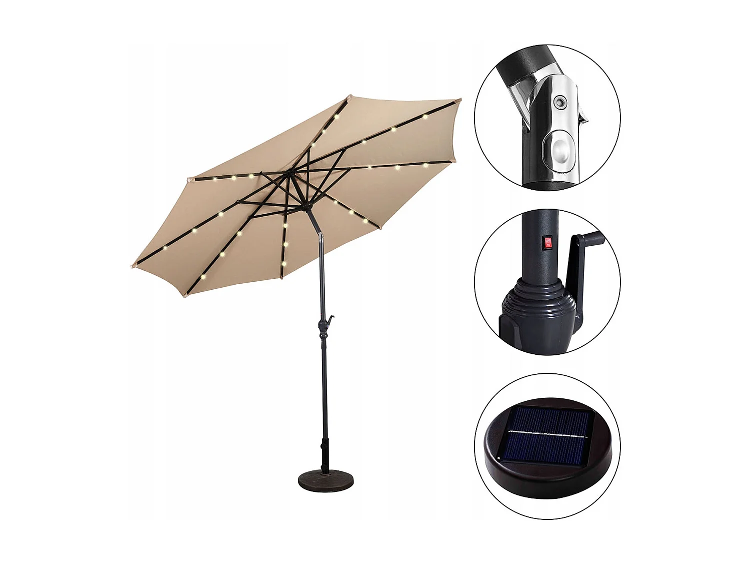 LED Beleuchtung Ampelschirm rund Sonnenschirm Solarbetrieben Gartenschirm Kurbel-beige-? 3M
