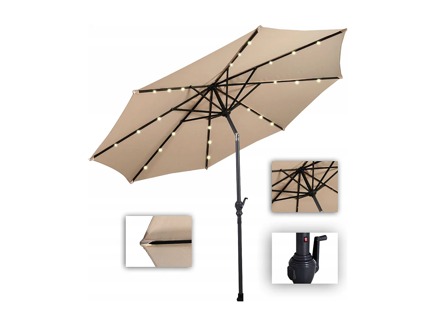 LED Beleuchtung Ampelschirm rund Sonnenschirm Solarbetrieben Gartenschirm Kurbel-beige-? 3M