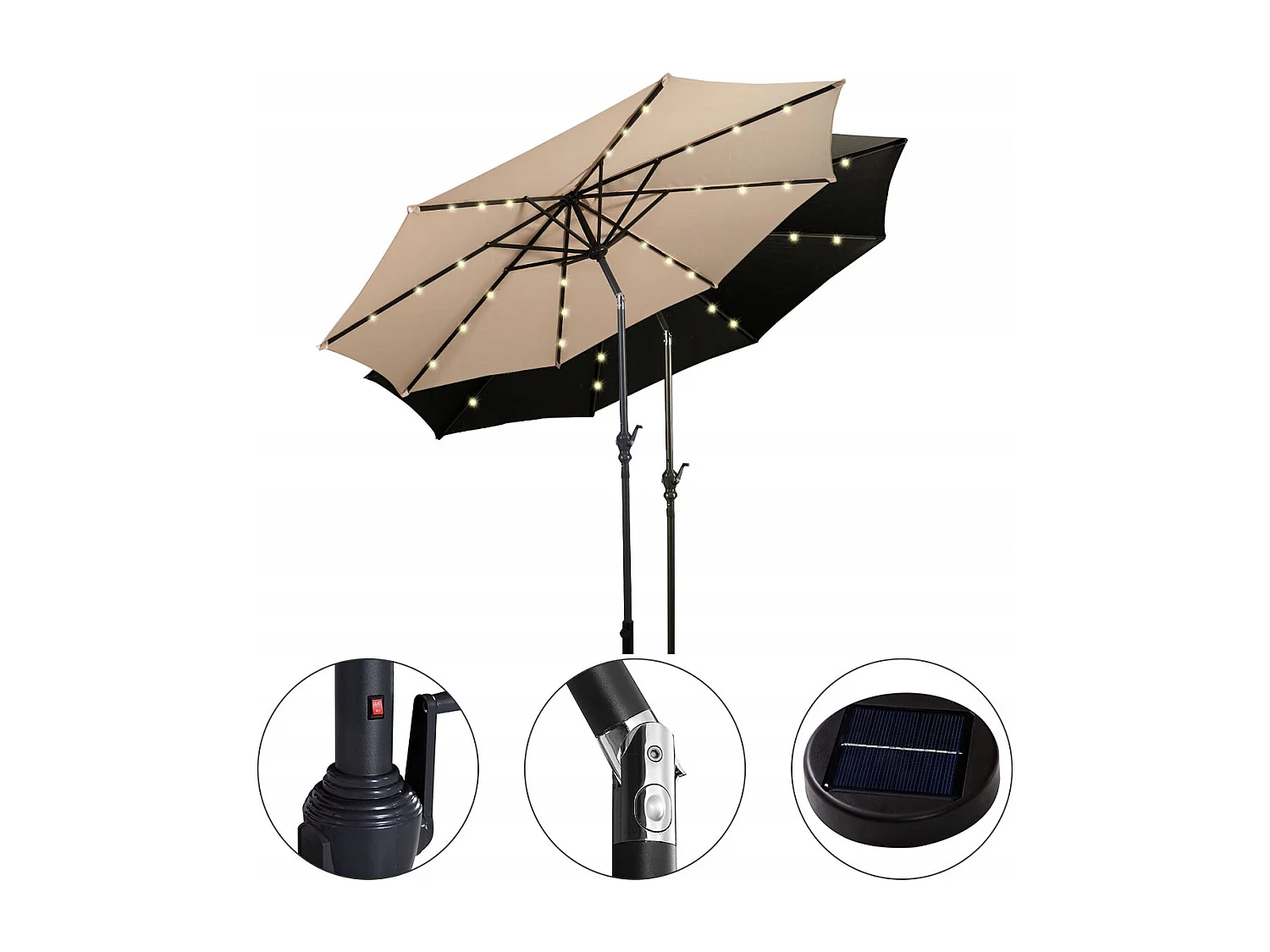 LED Beleuchtung Ampelschirm rund Sonnenschirm Solarbetrieben Gartenschirm Kurbel-beige-? 3M