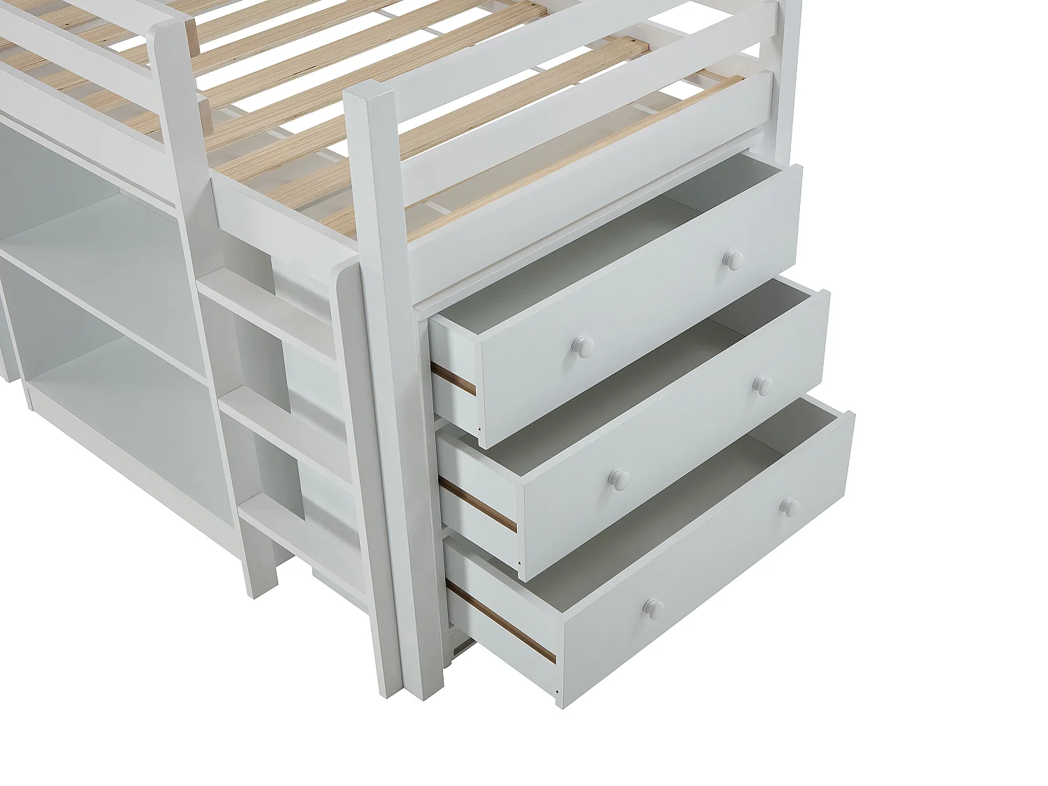 Lit combiné  90 x 190  cm avec rangements et bureau extensible - Pin et MDF - Blanc - ABRENO