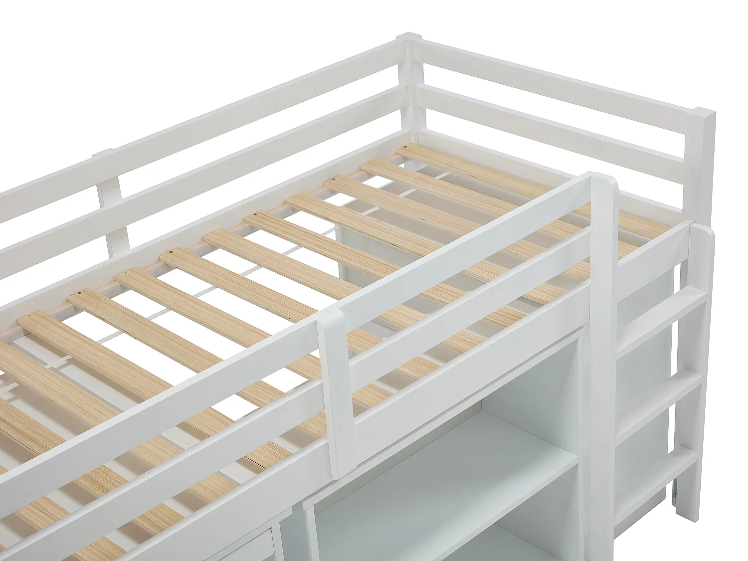 Lit combiné  90 x 190  cm avec rangements et bureau extensible - Pin et MDF - Blanc - ABRENO