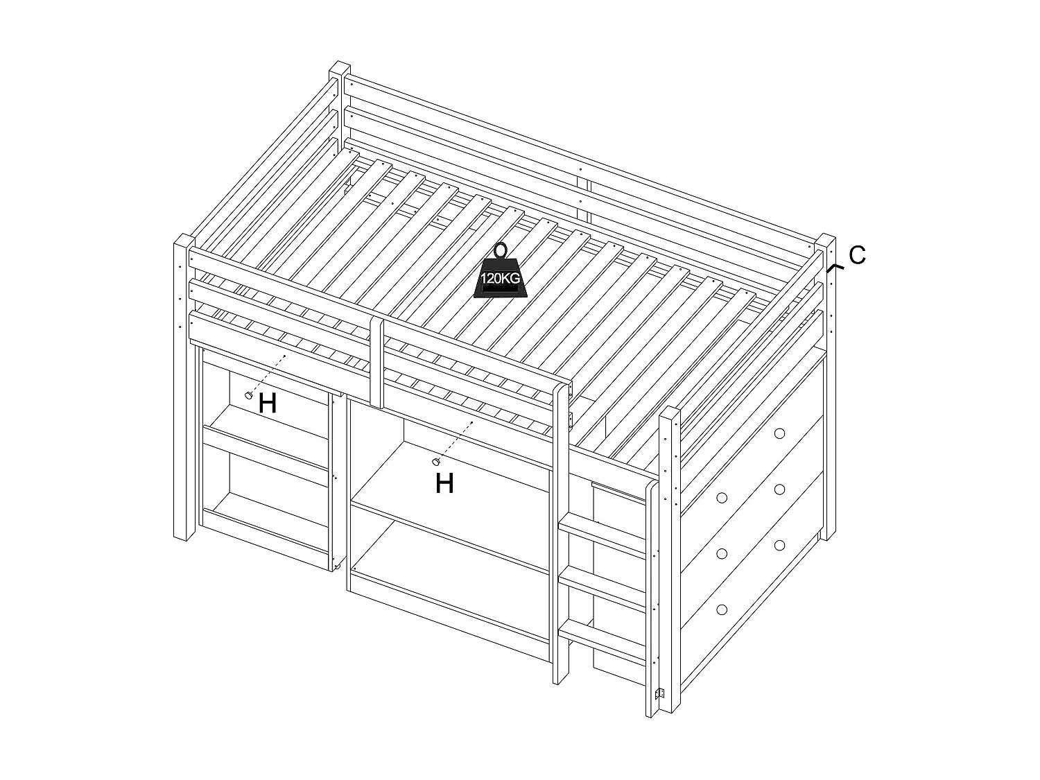 Lit combiné  90 x 190  cm avec rangements et bureau extensible - Pin et MDF - Blanc - ABRENO