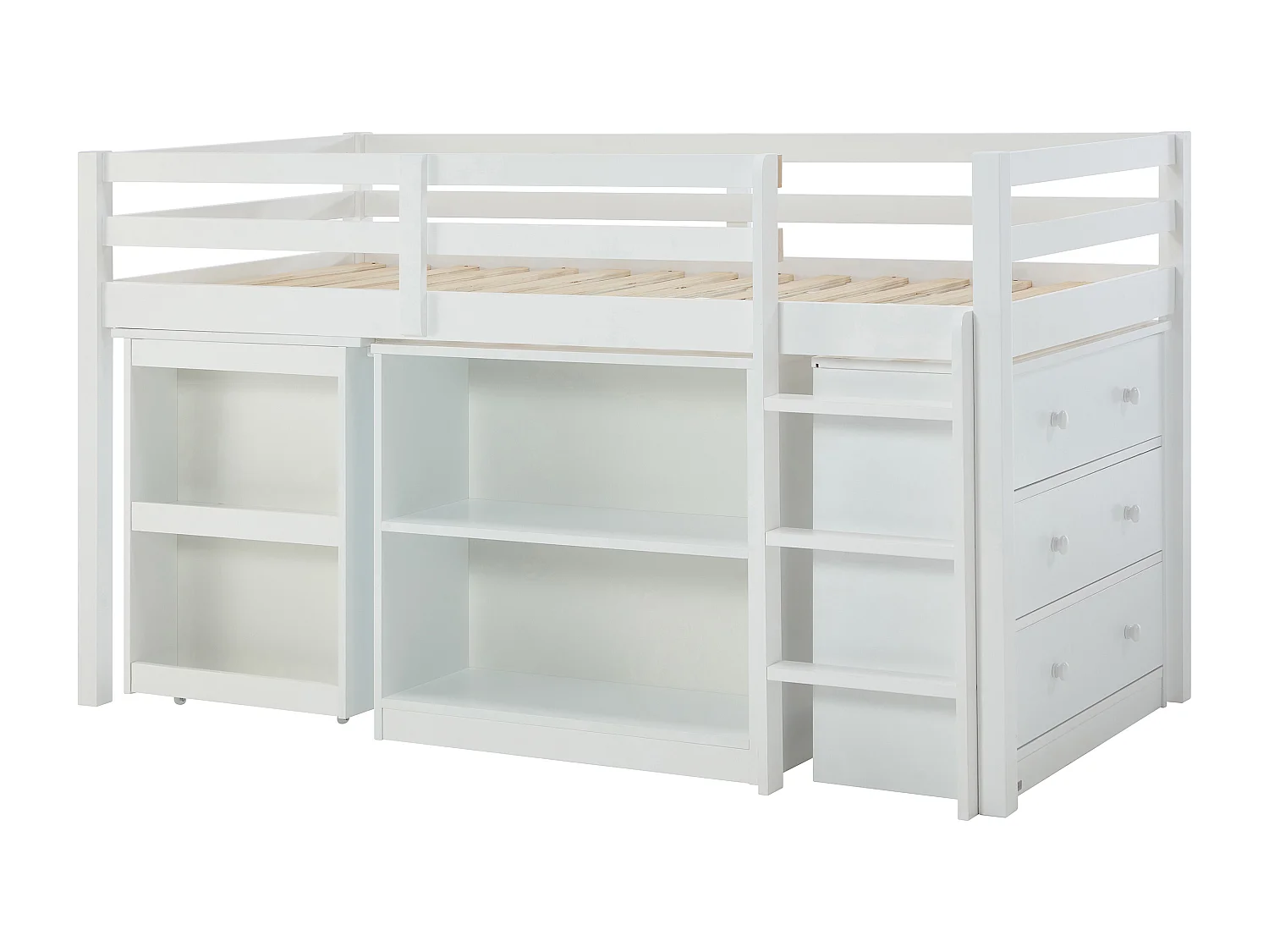 Kombinerad säng 90 x 190 cm med förvaringsutrymmen och utdragbart skrivbord - tall och MDF - vit - ABRENO