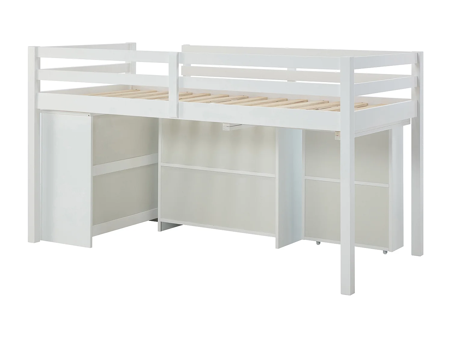 Kombinerad säng 90 x 190 cm med förvaringsutrymmen och utdragbart skrivbord - tall och MDF - vit - ABRENO