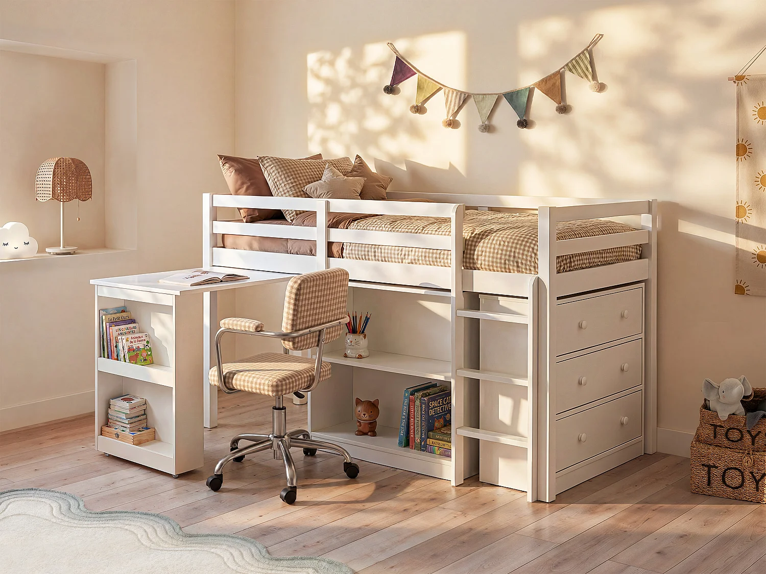 Letto combinato 90 x 190 cm con vani portaoggetti e scrivania allungabile Abete e MDF Bianco  - ABRENO