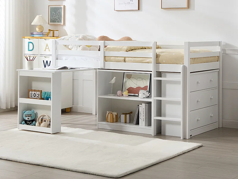 Lit combiné  90 x 190  cm avec rangements et bureau extensible - Pin et MDF - Blanc - ABRENO