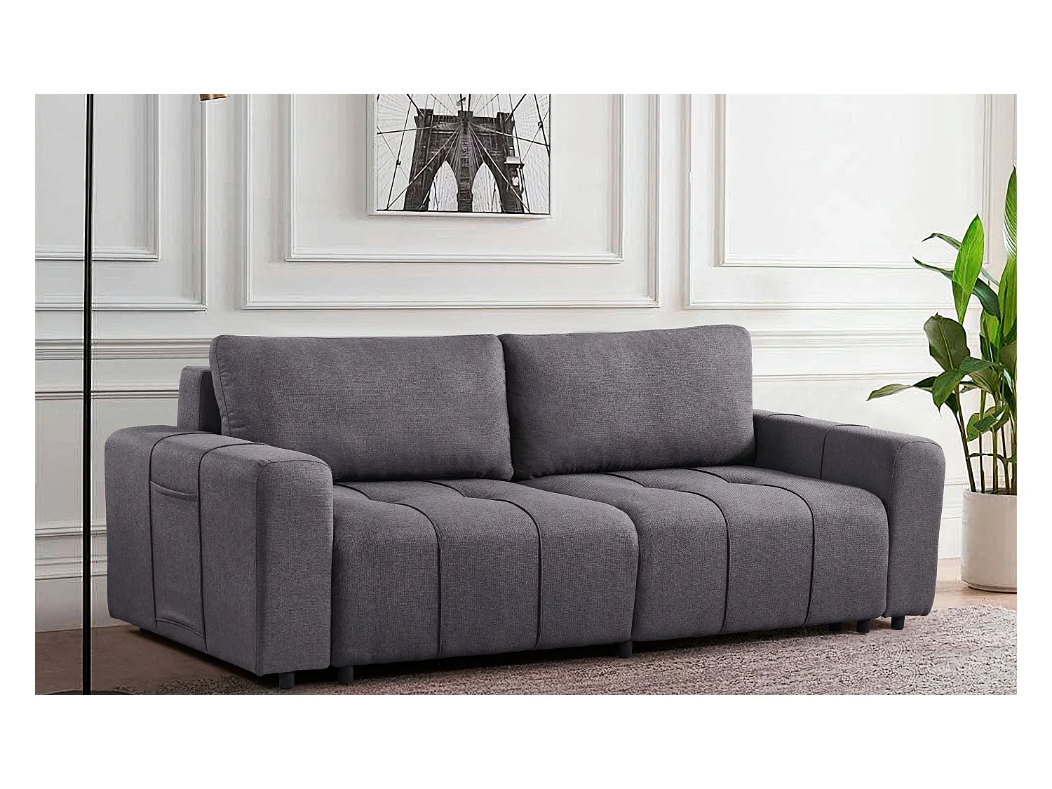 Canapé convertible 3 places Cloudy Tissu effet lin Gris foncé