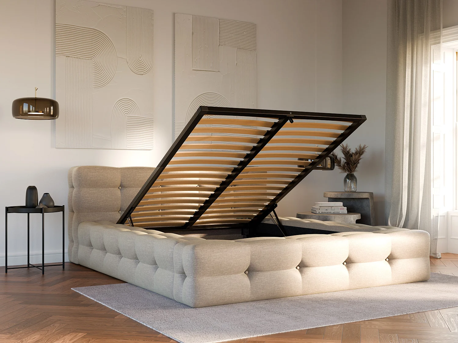 Lit coffre capitonné 140 x 190 cm - Tissu chiné - Beige - LERUCO de Pascal Morabito