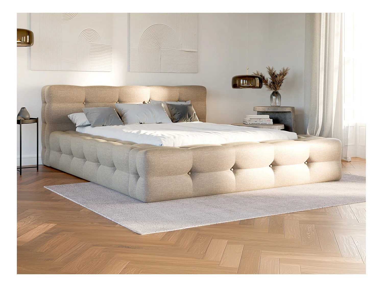 Bed met opbergruimte en capitonnage 160 x 200 cm - Gechineerde stof - Beige - LERUCO van Pascal Morabito