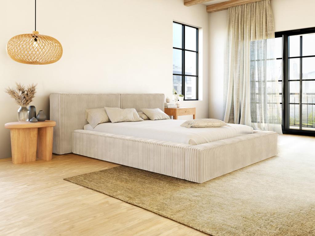 Lit coffre 140 x 190 cm - Velours côtelé grosses côtes - Beige + Matelas - TIMANO de Pascal Morabito