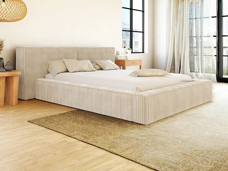 Bett mit Bettkasten + Matratze - 140 x 190 cm - Grob gerippter Cord - Beige - TIMANO von Pascal Morabito