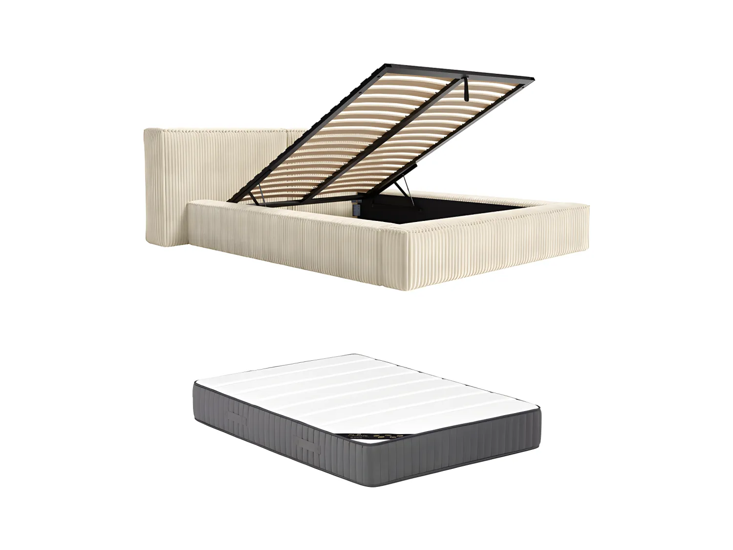 Sengeskuffe 140 x 190 cm - Bredriflet fløjl - Beige + Madras - TIMANO af Pascal Morabito