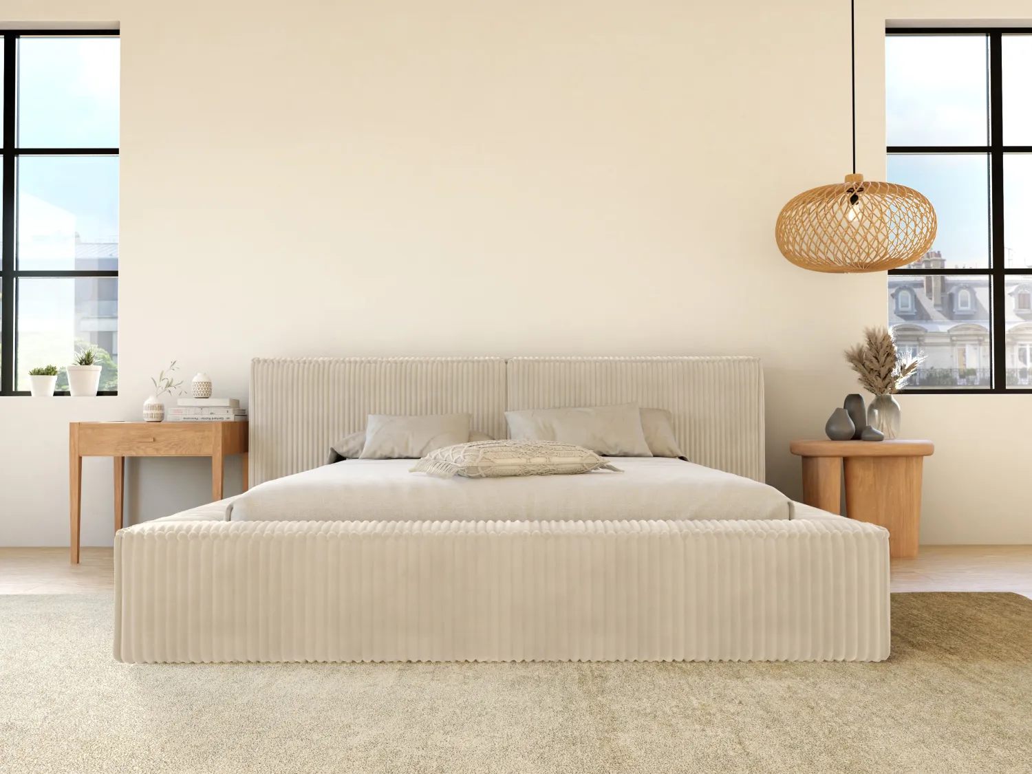 Sengeskuffe 140 x 190 cm - Bredriflet fløjl - Beige + Madras - TIMANO af Pascal Morabito