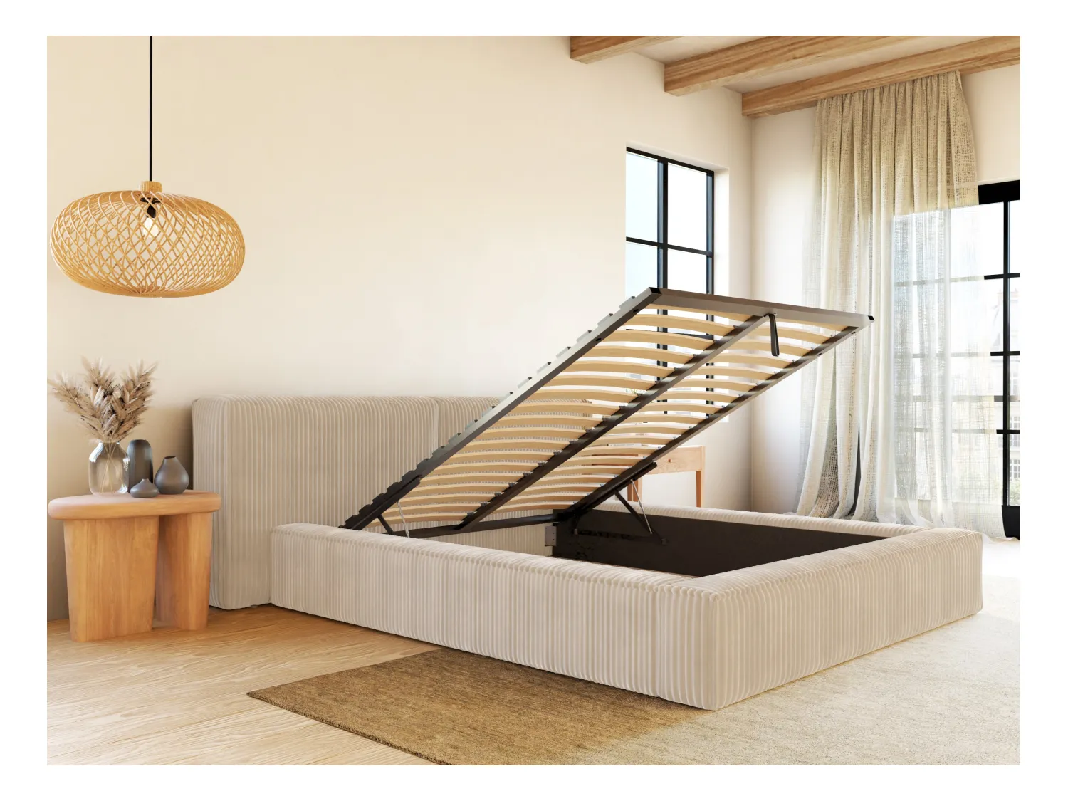 Lit coffre 160 x 200 cm - Velours côtelé grosses côtes - Beige + Matelas - TIMANO de Pascal Morabito