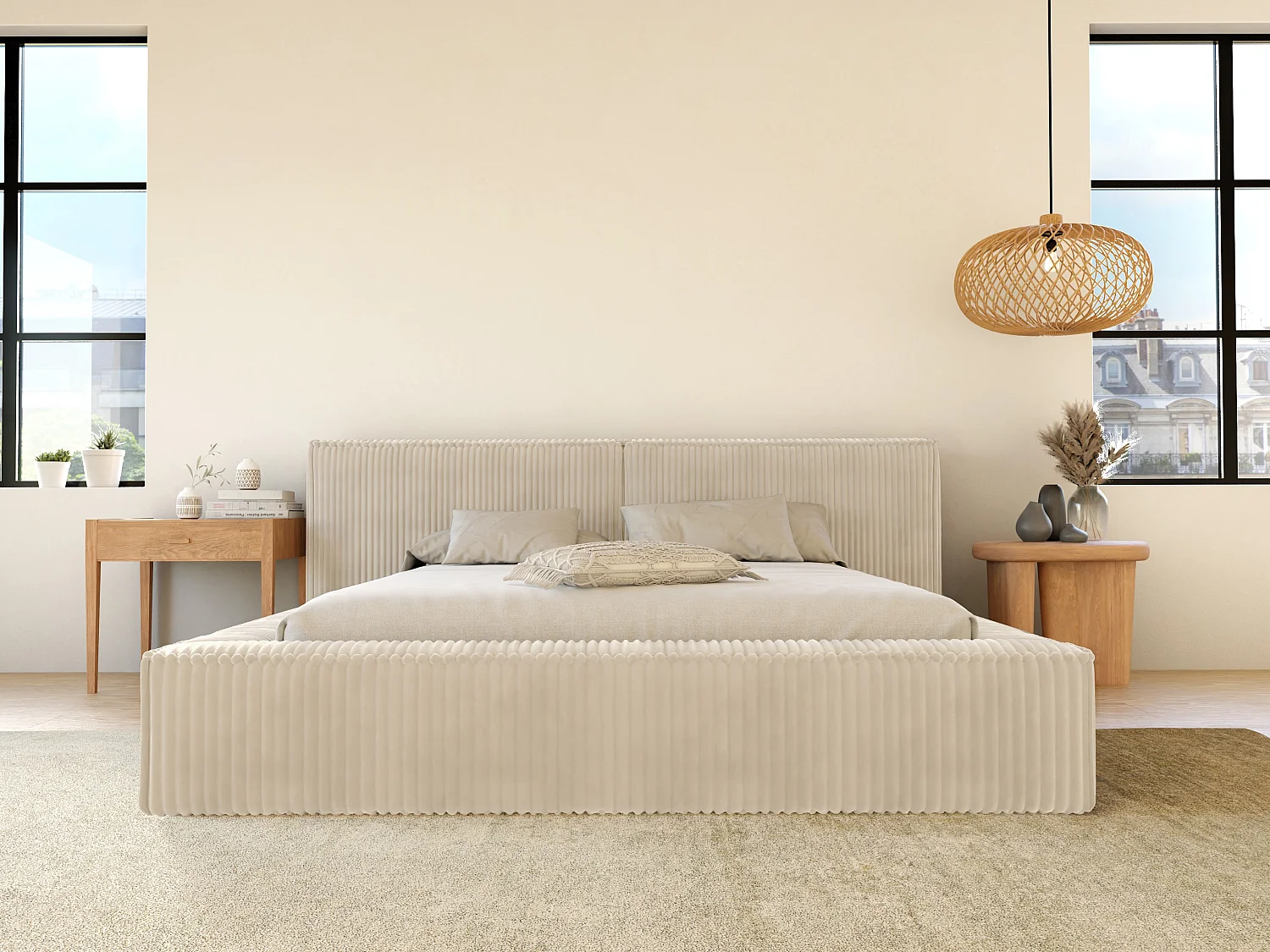 Canapé abatible 180 x 200 cm - Pana gruesa - Beige + Colchón - TIMANO de Pascal Morabito