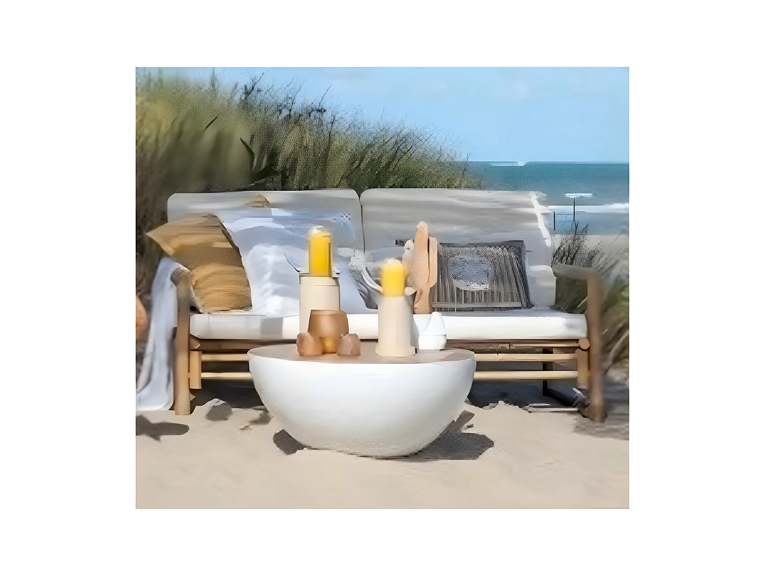 2-zitsbank witte stof en licht bamboe Nabila L 150 cm