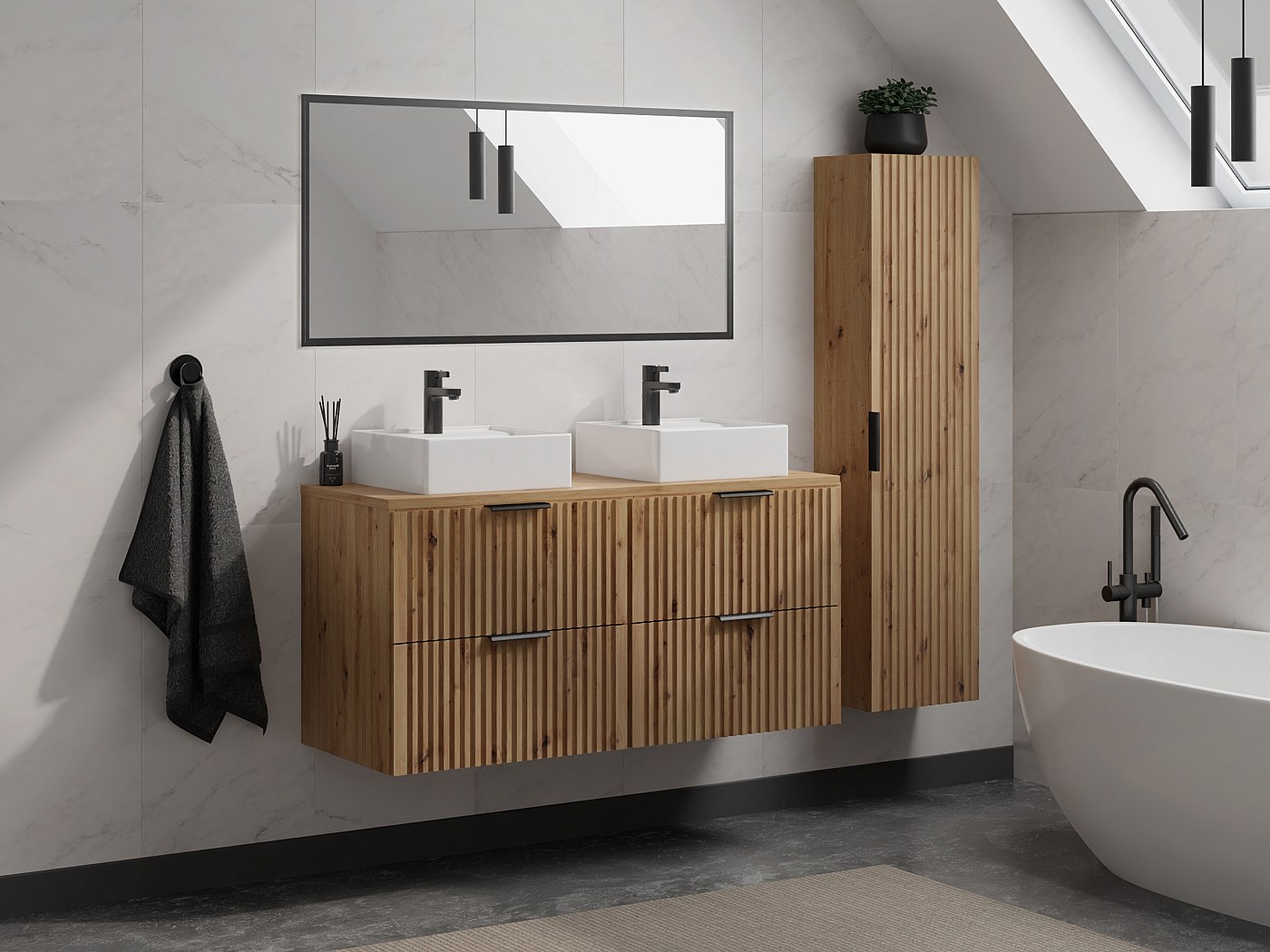 Mobile Bagno In Rovere Naturale 120 Cm Con Doppio Lavabo E Cassetti - Atoll
