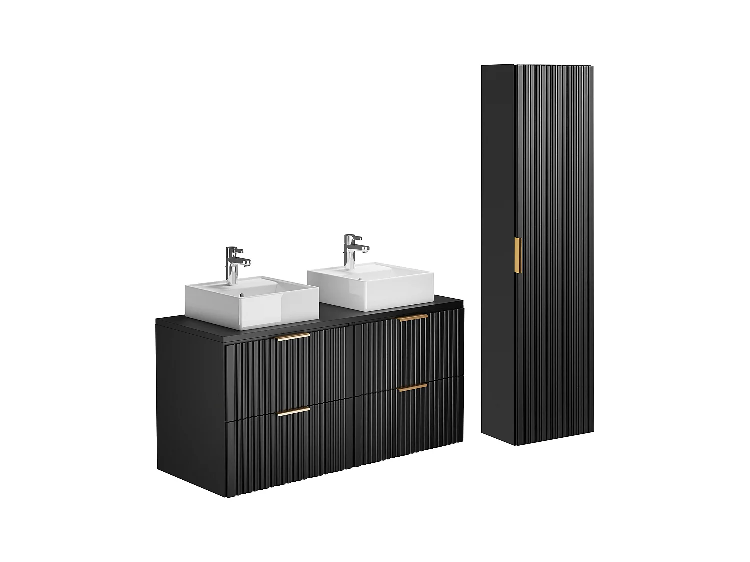 Meuble de salle de bain suspendu strié avec vasque à poser et colonne - Noir - 120 cm - ZEVARA