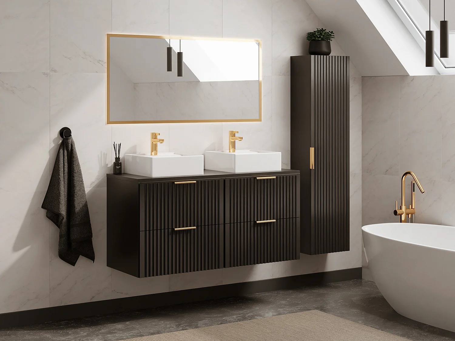 Meuble de salle de bain suspendu strié avec vasque à poser et colonne - Noir - 120 cm - ZEVARA