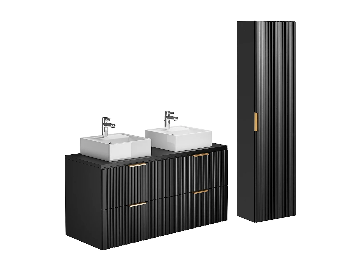 Waschbeckenunterschrank hängend mit Aufsatzwaschbecken & Badhochschrank - Streifenoptik - Schwarz - 120 cm - ZEVARA