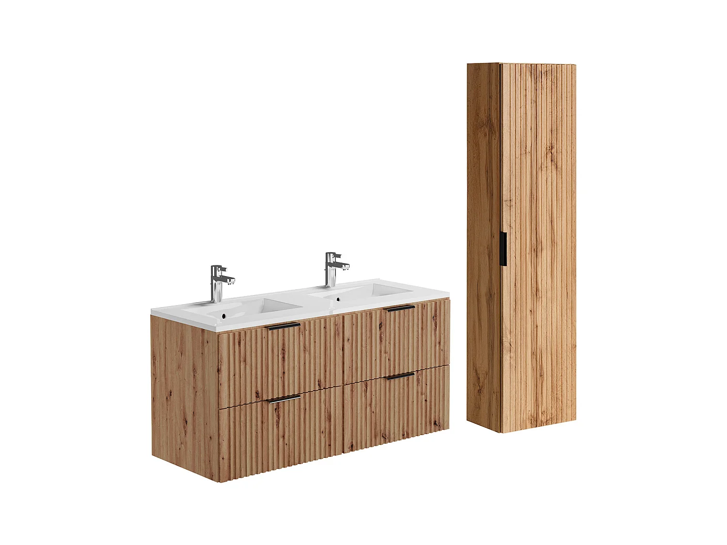 Meuble de salle de bain suspendu strié avec vasque à encastrer et colonne - Naturel clair - 120 cm - ZEVARA
