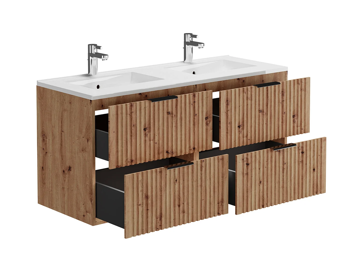 Meuble de salle de bain suspendu strié avec vasque à encastrer et colonne - Naturel clair - 120 cm - ZEVARA