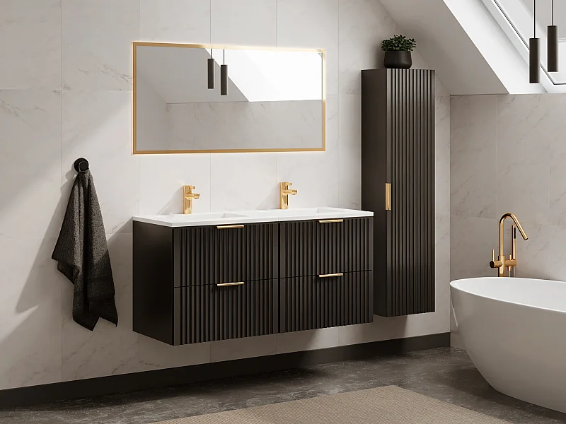 Mueble de baño suspendido con lavabo encastrado y armario - Negro - 120 cm - ZEVARA