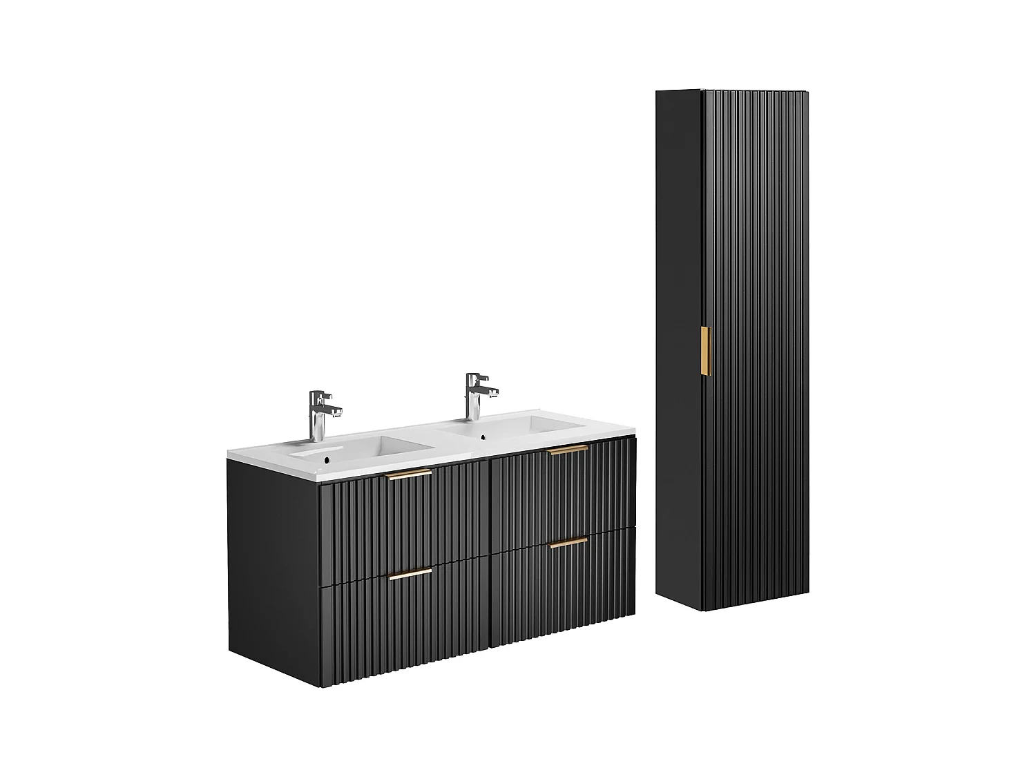 Meuble de salle de bain suspendu strié avec vasque à encastrer et colonne - Noir - 120 cm - ZEVARA