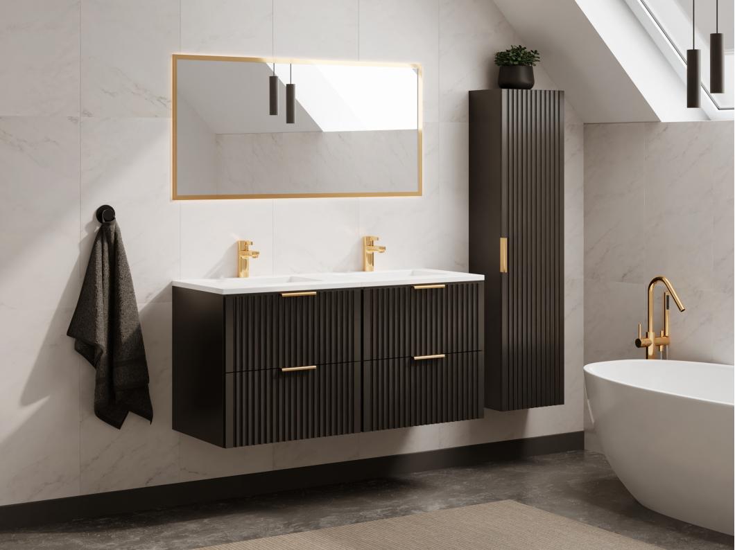 Meuble de salle de bain suspendu strié avec vasque à encastrer et colonne - Noir - 120 cm - ZEVARA