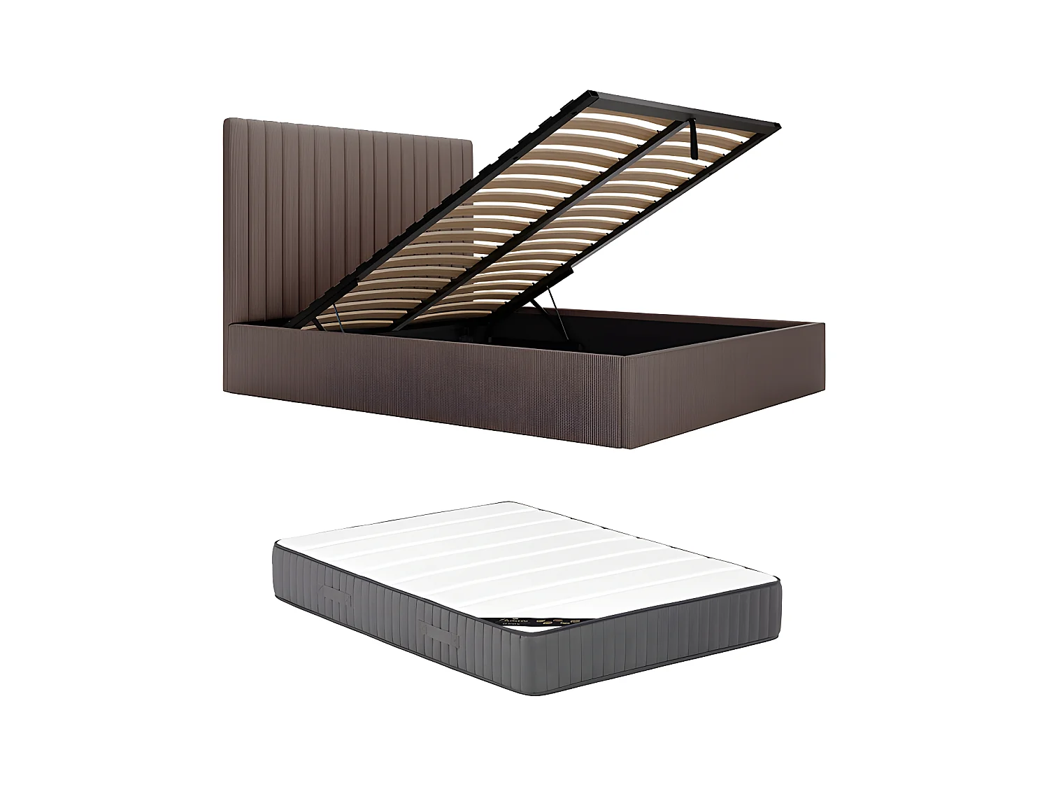 Bed met opbergruimte 140 x 190 cm met hoofdbord met verticale stiksels - Ribfluweel - Taupegrijs + matras - SARAH