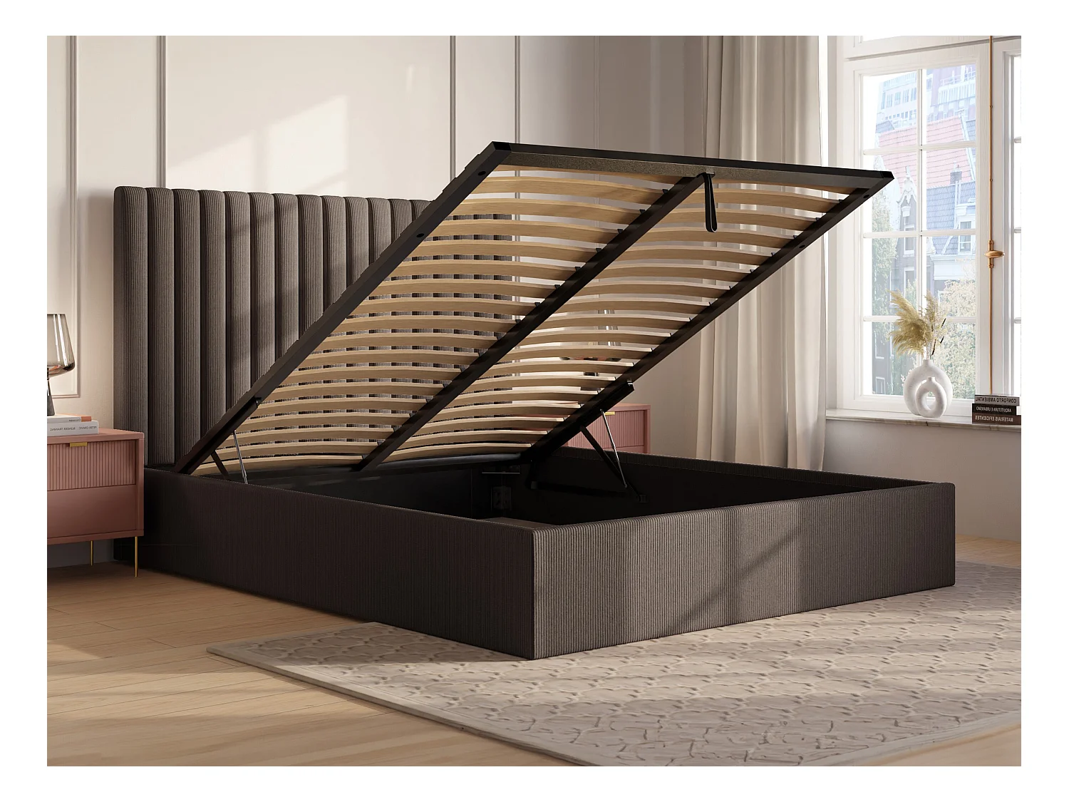 Bed met opbergruimte 140 x 190 cm met hoofdbord met verticale stiksels - Ribfluweel - Taupegrijs + matras - SARAH