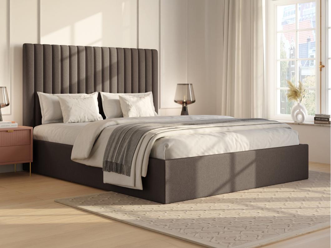 Lit coffre 140 x 190 cm avec tête de lit coutures verticales - Velours côtelé - Taupe + Matelas - SARAH